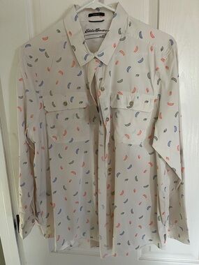 Eddie Bauer Cream Long-Sleeve Button-Down Shirt with Multicolor Print